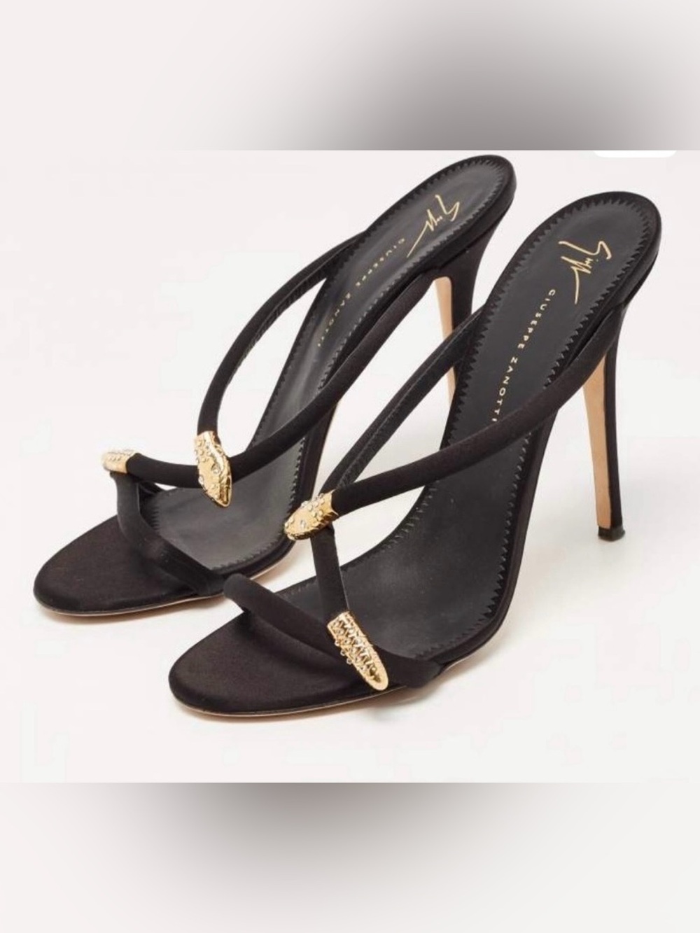 Giuseppe Zanotti Aleesha serpent snake embellished black silk satin mule heels
